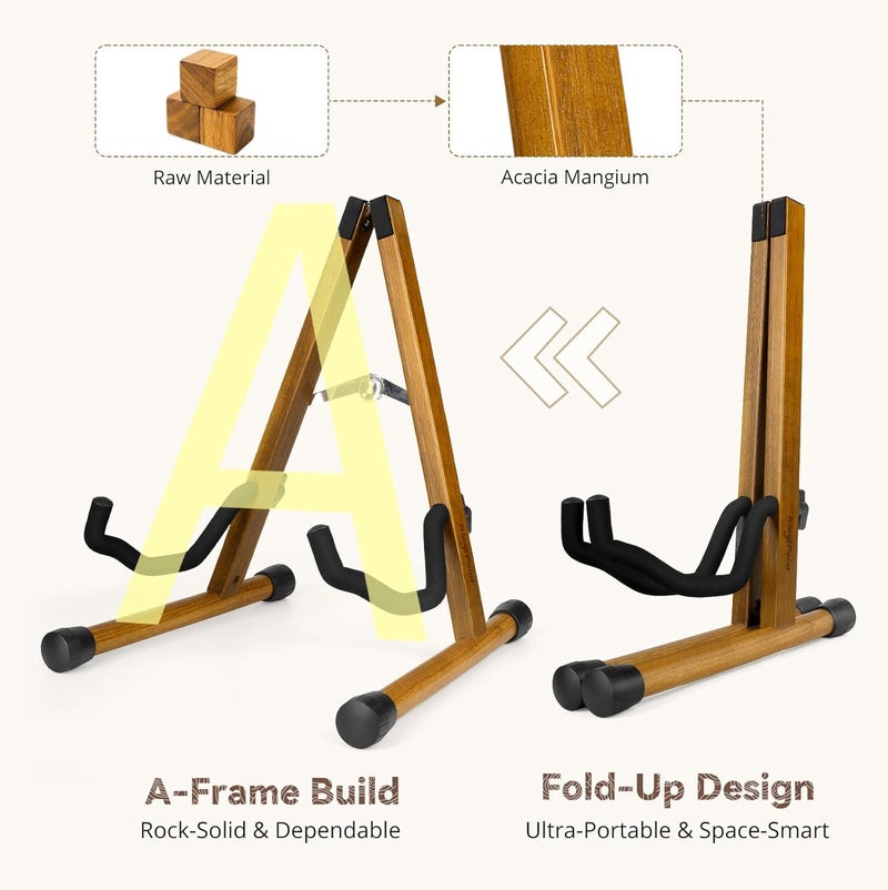 KingPoint Guitar Stand, Guitar Floor Stand, Acoustic Electric Wooden A Frame Folding Guitar Holder Adjustable for Bass, Cello, Mandolin, Banjo, Ukulele (Acacia) - Image 2
